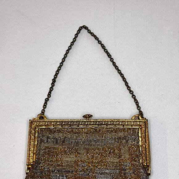 Antique 1900s French Micro-Steel Seed Bead Purse Gold Toned Metal Frame AS IS - Picture 4 of 14